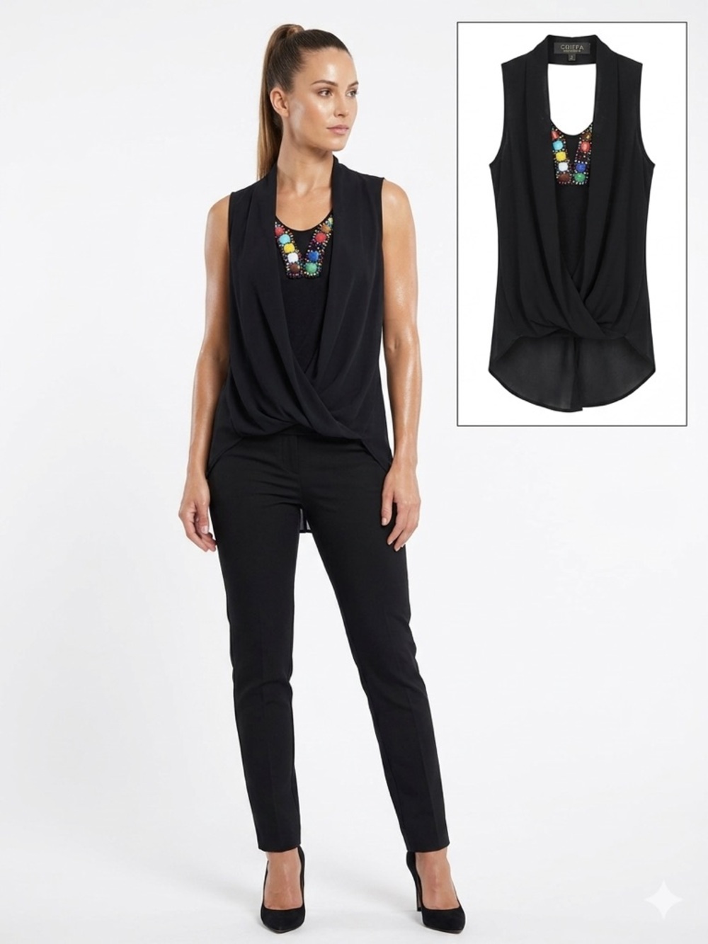 XOXO NWOT Black Sleeveless Draped Sleeveless Top with Multicolor Beaded V